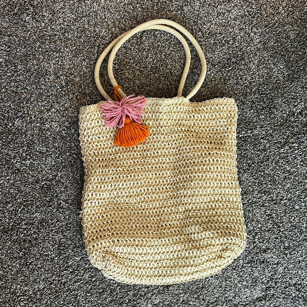 Lined Beach Tote Bag with Pink and Orange Accents